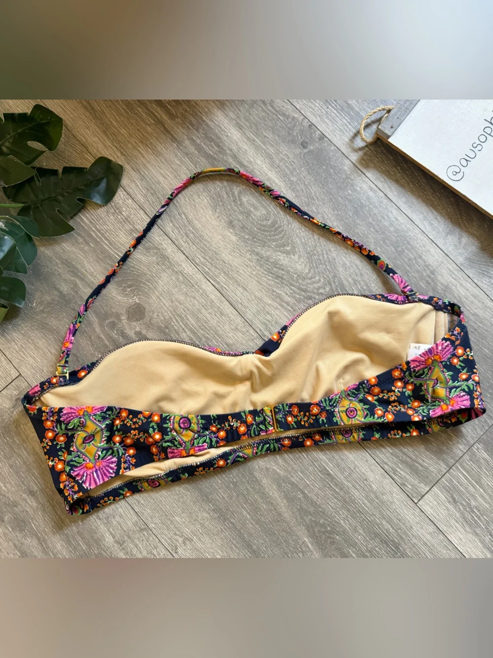 J Crew Bohemian Multicolor Floral Bandeau Bikini Top w Halter Strap. Size L